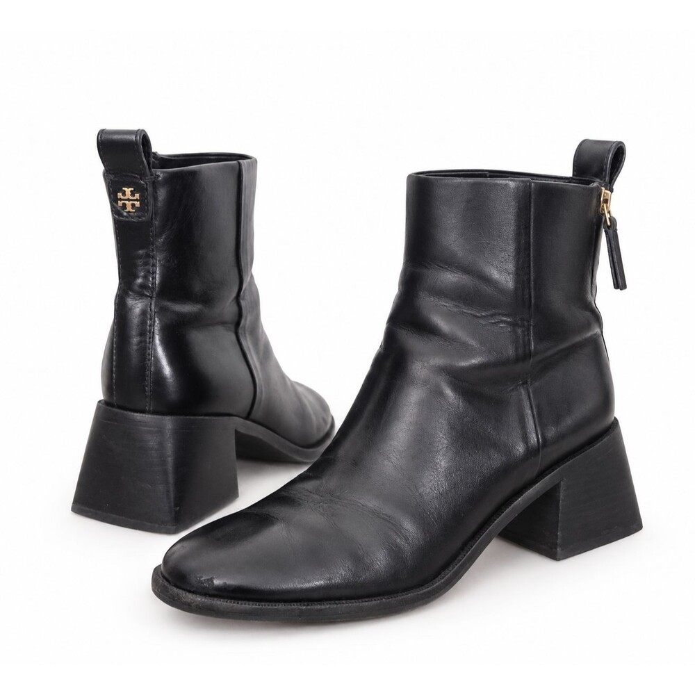 Tory Burch Black Leather Ankle Boots Block Heel Gold Logo Zip Womens Size 8M